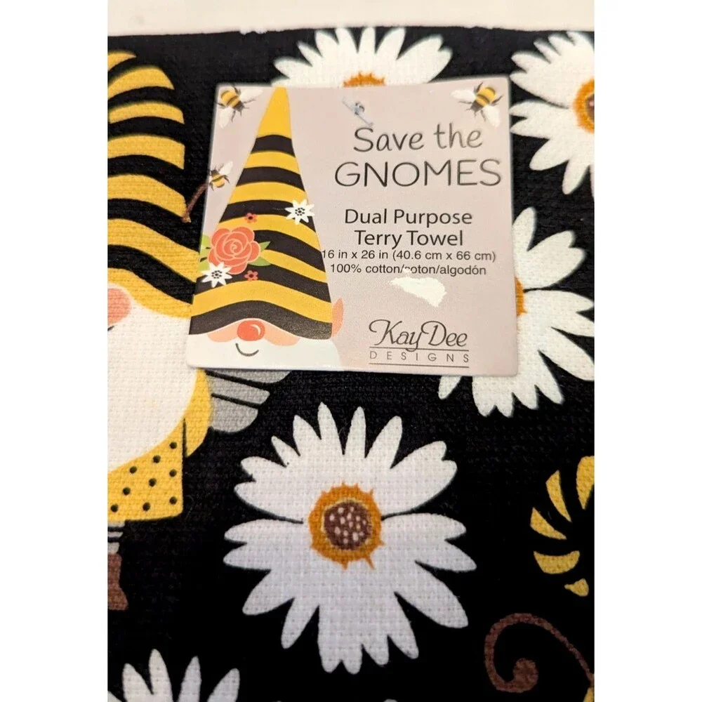 SAVE THE GNOMES Kitchen Towels 3-pc Honey Bee Gnome & Daisy Kay Dee Designs Gift